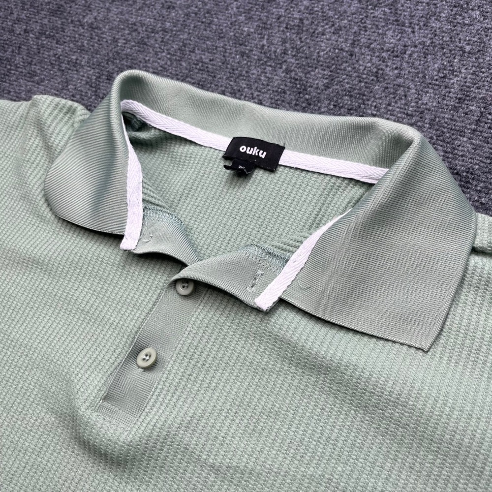Ouku Waffle Knit Thermal Casual Short Sleeve Sage Green Polo Shirt